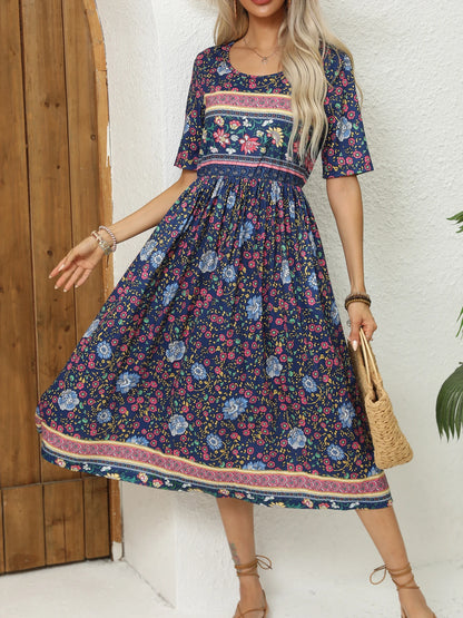 Bohemian To 3XL Print Midi Dress, Round neck, short sleeve, long skirt