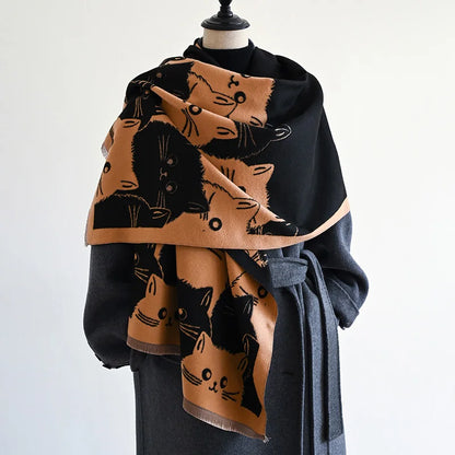 Cute Cat Ladies' Jacquard Pashmina Cashmere Scarf Thick Warm
