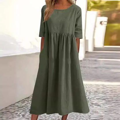 Cotton and Linen Casual Short Sleeves, Pockets, Loose Round Neck