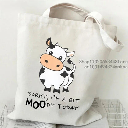 "Sorry I'm A Bit Moody Today" Canvas tote Bag Cartoon Cow Graphic Casual Handbag Side Bag