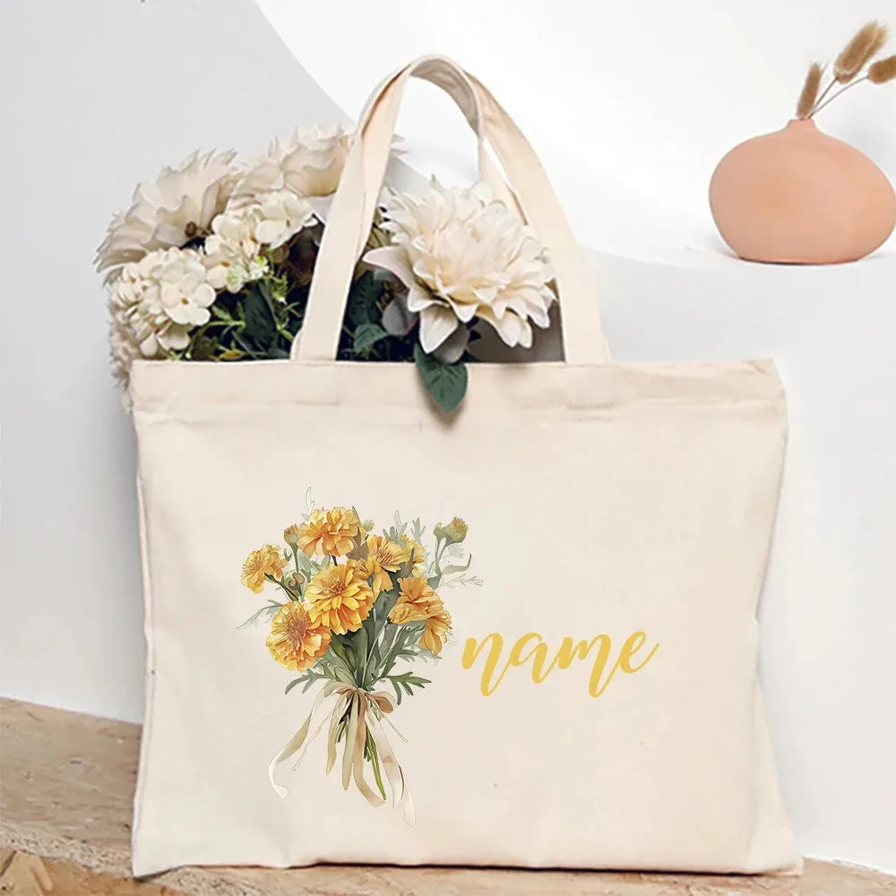 Personalized Shoulder Bag Birth Month Flower and Name Tote Bag, Monogrammed Canvas Bags