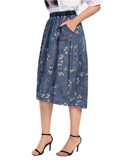Sizes to 5XL Casual Denim Skirt High Waist ALine Knee Length Blue Vintage Gathered at Waist