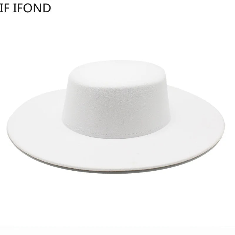 French Wide Brim Women's Fedora Wool Hat  Flat Top Felt in Marigold, White, and Black.