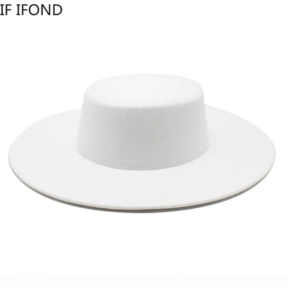 French Wide Brim Women's Fedora Wool Hat  Flat Top Felt in Marigold, White, and Black.