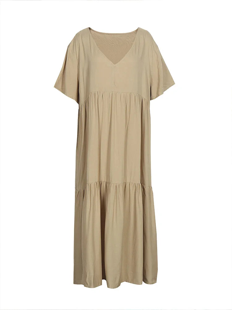 Sizes to 5XL, Loose Casual Midi Dress, V-neck, Short Loose Sleeves