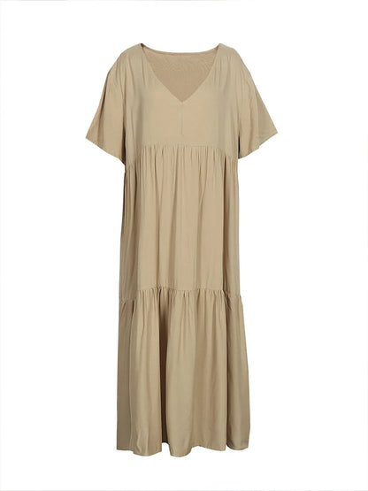 Sizes to 5XL, Loose Casual Midi Dress, V-neck, Short Loose Sleeves