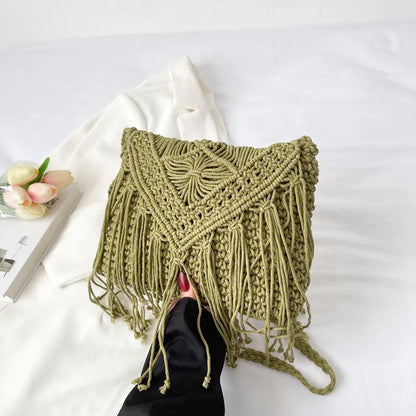 Cotton Woven Crossbody Bags  Small Tassel Handbag Messenger Bags