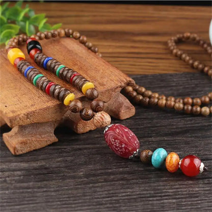 Long Wooden Beaded Tassel Boho  Necklace Nepal Wood Beads