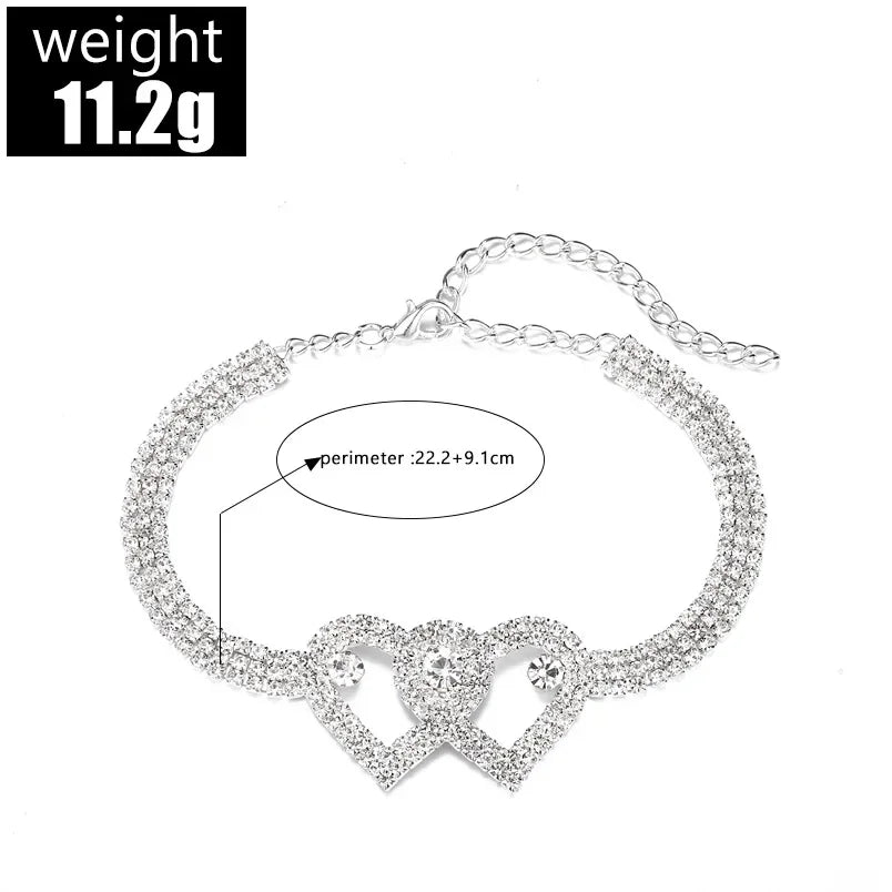 Double Heart Anklet with Crystal Cubic Zirconia Chain, Ankle Bracelet, Foot Jewelry