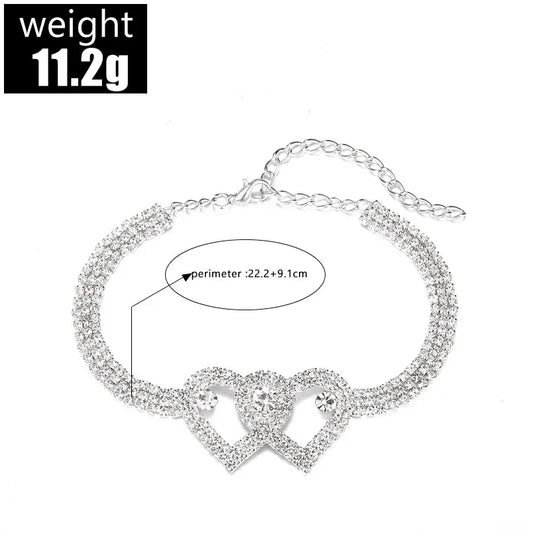 Double Heart Anklet with Crystal Cubic Zirconia Chain, Ankle Bracelet, Foot Jewelry
