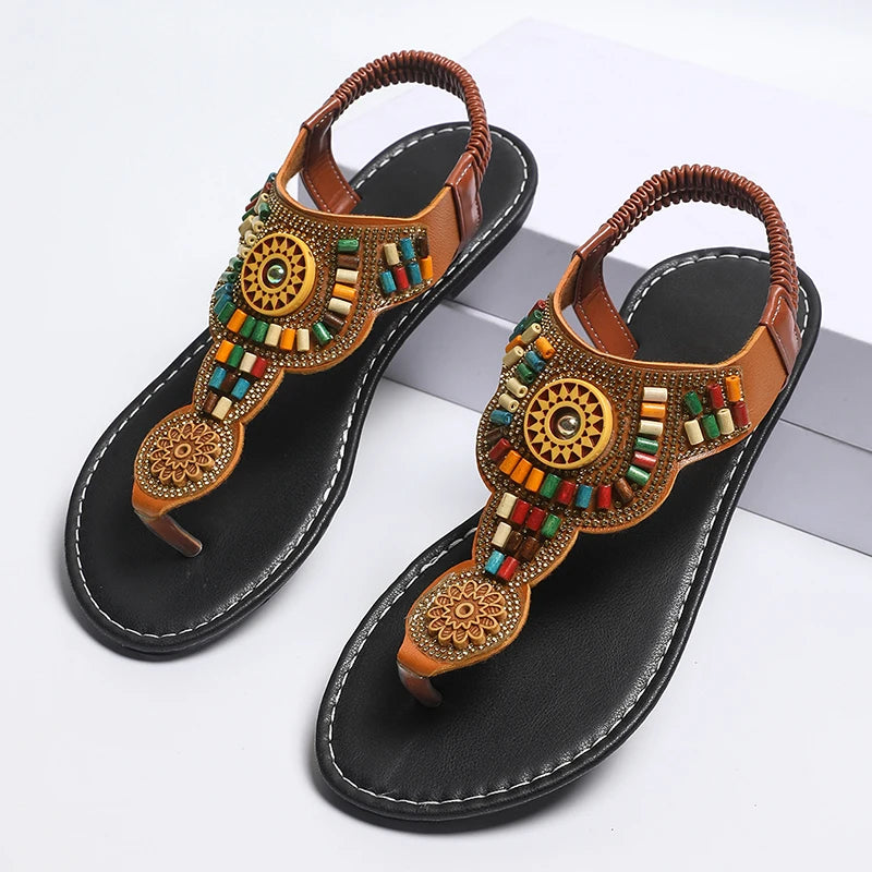 Plus-Sized Beaded Bohemian Sandals  Clip Toe, Flat Sole, Elastic Back Belt, Slip-On Romanesque Sandals