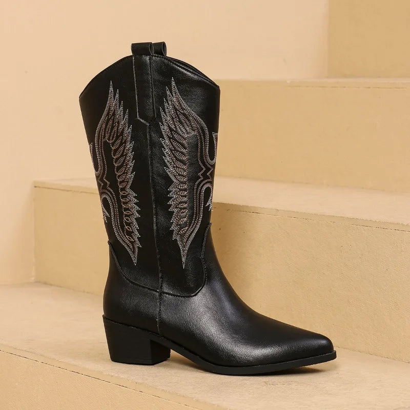 Vintage Country-Western Cowgirl Boots with Chunky Heels and Etched Wing Designs