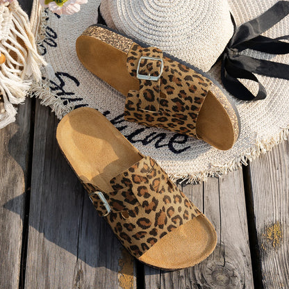 Open-Toe Sandals, Brown Cork Sole Sandals, Leopard Print Slides with Adjustable Buckle Straps