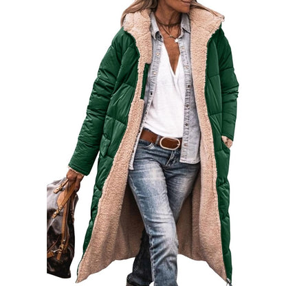 Reversible Sherpa Fleece, Long, Hooded Puffer Coats. Check colors: Brown, Green, Black, Burgundy, Light Gray