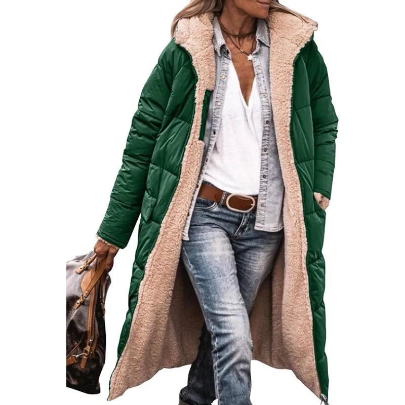 Reversible Sherpa Fleece, Long, Hooded Puffer Coats. Check colors: Brown, Green, Black, Burgundy, Light Gray