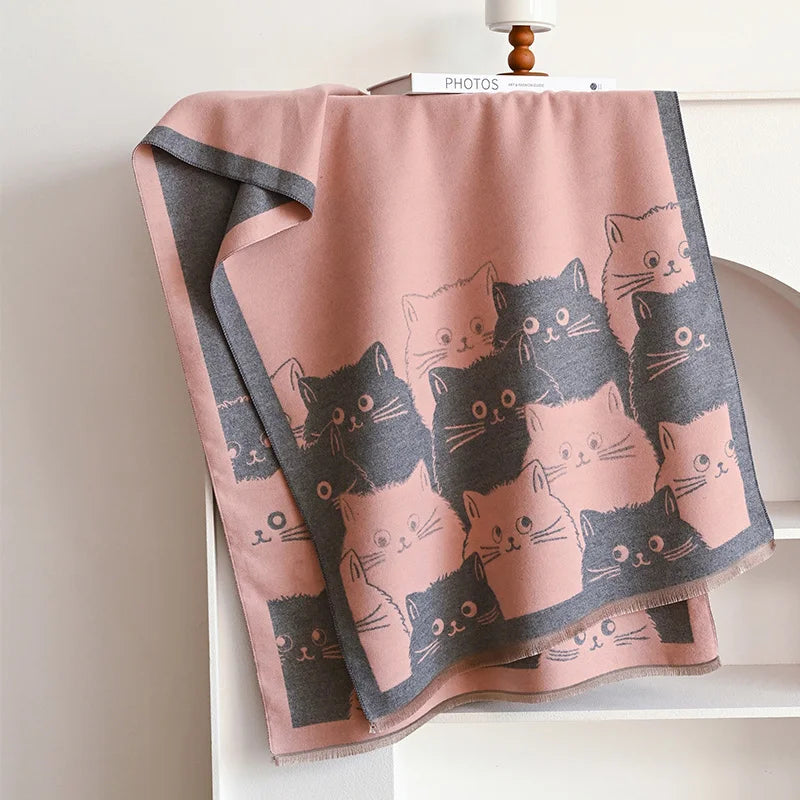 Cute Cat Ladies' Jacquard Pashmina Cashmere Scarf Thick Warm