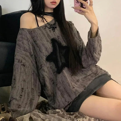 Star Print T-Shirt, Streetwear, Off Shoulder Tops, Oversized, Long Sleeve Loose Tees