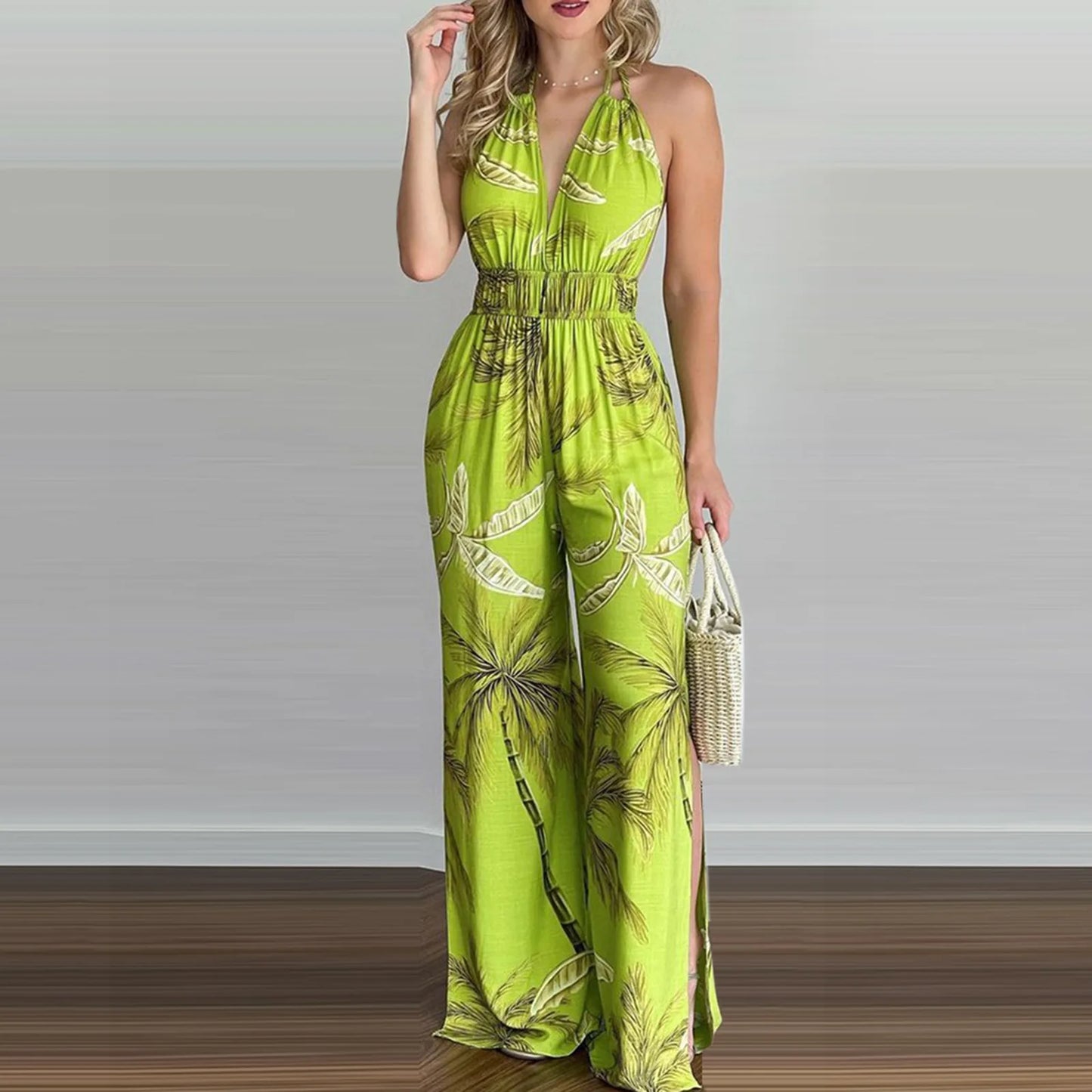 Sizes to 3XL, Colorful print jumpsuits, Sleeveless ,  Plunging V-neck , Halter top, Long Wide pants, Elastic Waist