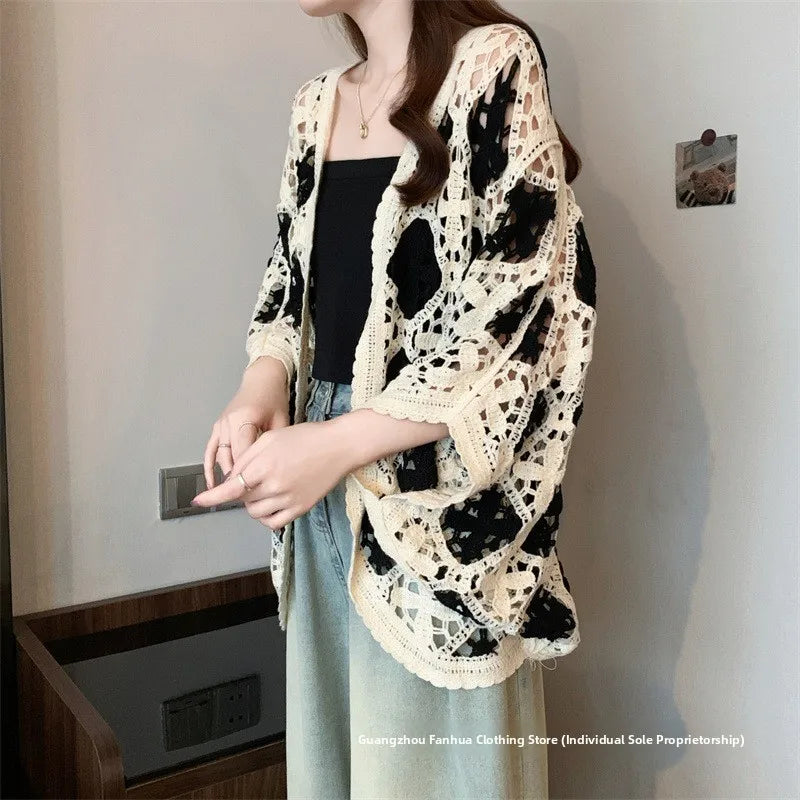 Bohemian Style Hollowed-out Long Sleeve Light Weight Sweater with V Neck and Batwing Sleeves
