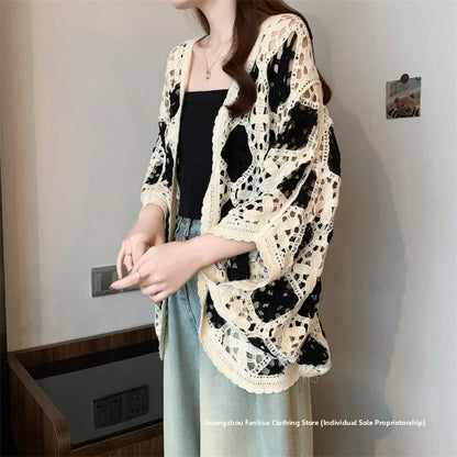 Bohemian Style Hollowed-out Long Sleeve Light Weight Sweater with V Neck and Batwing Sleeves