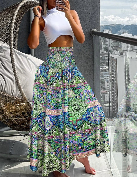 8 Designs of Long Paisley Print Flowy Boho Skirt With Tall Elastic Waist