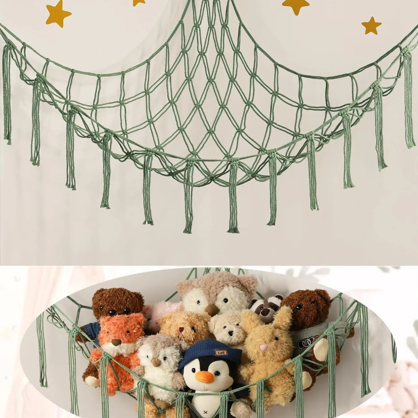 9 different colors of this Boho Macrame Stuffed Animal Hammock Cotton Tassel Toy Storage Net, Hanging Organizer