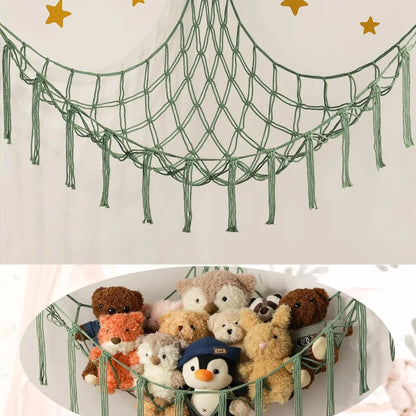 9 different colors of this Boho Macrame Stuffed Animal Hammock Cotton Tassel Toy Storage Net, Hanging Organizer