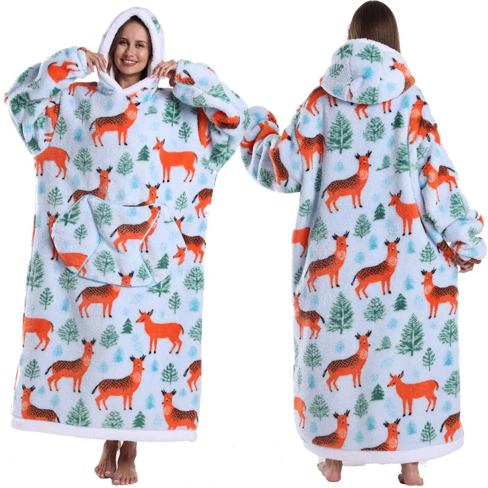 Super Long Flannel Pullover Night Shirt with Pocket and Hood, Super Snuggly for Men and Women, 12 Different Prints