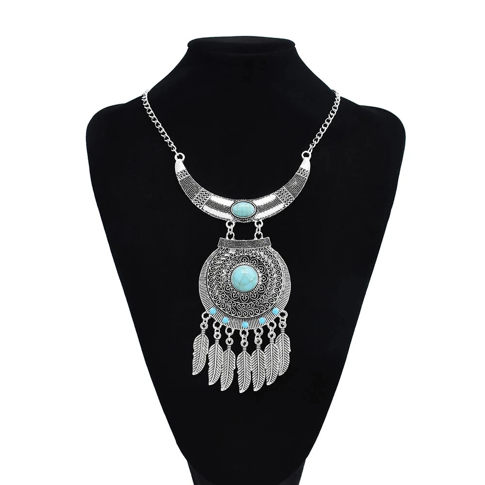 Bohemian Black Blue Stones, Coin tassel Necklace Turkish Gypsy Boho