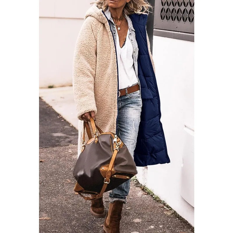 Reversible Sherpa Fleece, Long, Hooded Puffer Coats. Check colors: Brown, Green, Black, Burgundy, Light Gray