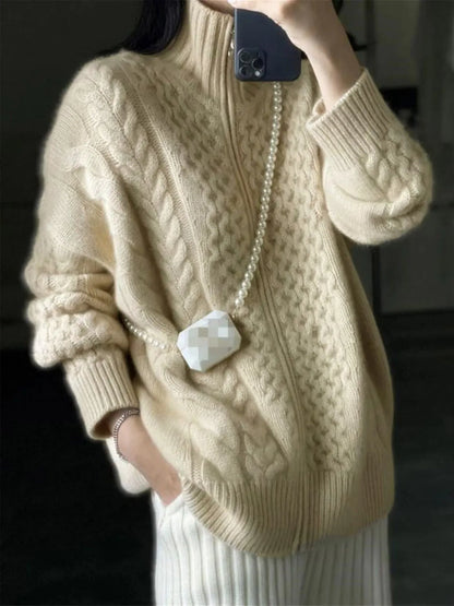Oversized Beige Cable Knit Sweater Casual Long Sleeve Half-Zip with Pockets Comfortable Knitwear