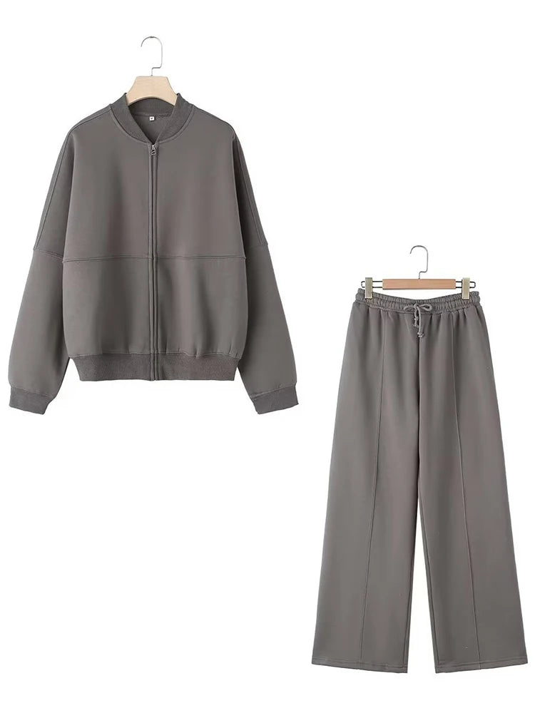 Warm 2 Piece Sweatsuits, Thick Fleece, Zipper Jacket, Batwing Sleeves, Clean Lines