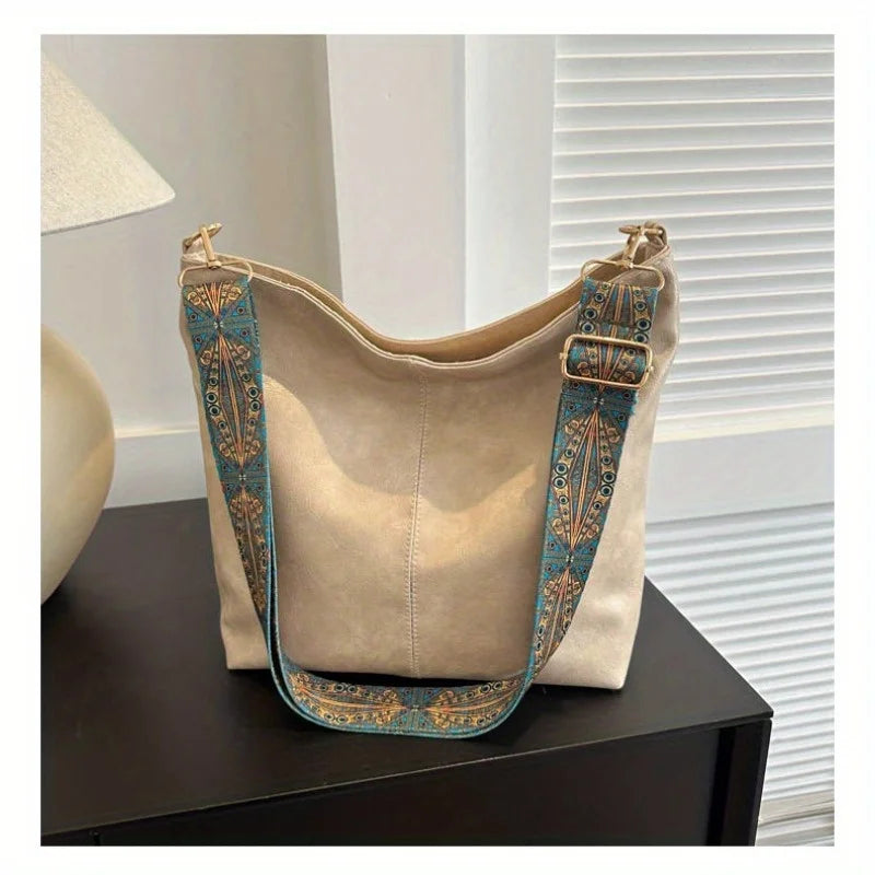 Boho Chic Faux Leather Shoulder Bag Large Capacity Crossbody Tote with Vintage Wide Adjustable Strap