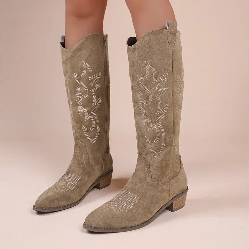 Embroidered Western Cowgirl Knee Boots with Pointed Toes and Thick Heels, High Knee Boots, PU Leather in Light and Medium Brown, Beige, and Pink