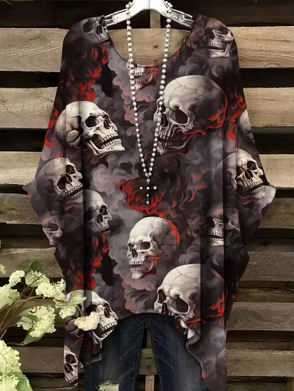 Sizes to 3XL Bohemian Skull Print Loose T-shirt Irregular Hemline O-Neck Short Sleeved Oversize Various designs