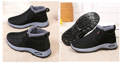 Waterproof Plush, Warm Ankle Snow Boots in Red, Black, Blue, Green, and Tan.