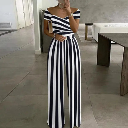 Sizes to 3XL Off the Shoulder Short Sleeve V Neck High-waisted Jumpsuit Sizes to 3XL Various patterns
