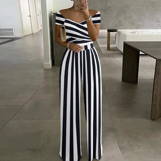 Sizes to 3XL Off the Shoulder Short Sleeve V Neck High-waisted Jumpsuit Sizes to 3XL Various patterns