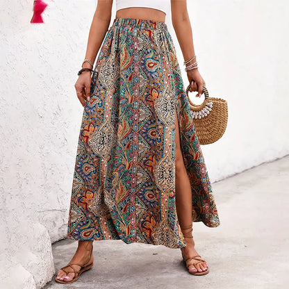 Bohemian Retro Floral Print Skirts Indie Folk High Waist A-Line Pleated Long Skirts with Slit