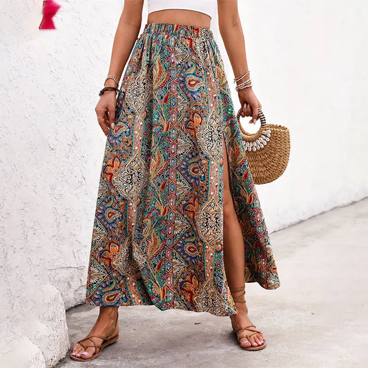 Bohemian Retro Floral Print Skirts Indie Folk High Waist A-Line Pleated Long Skirts with Slit