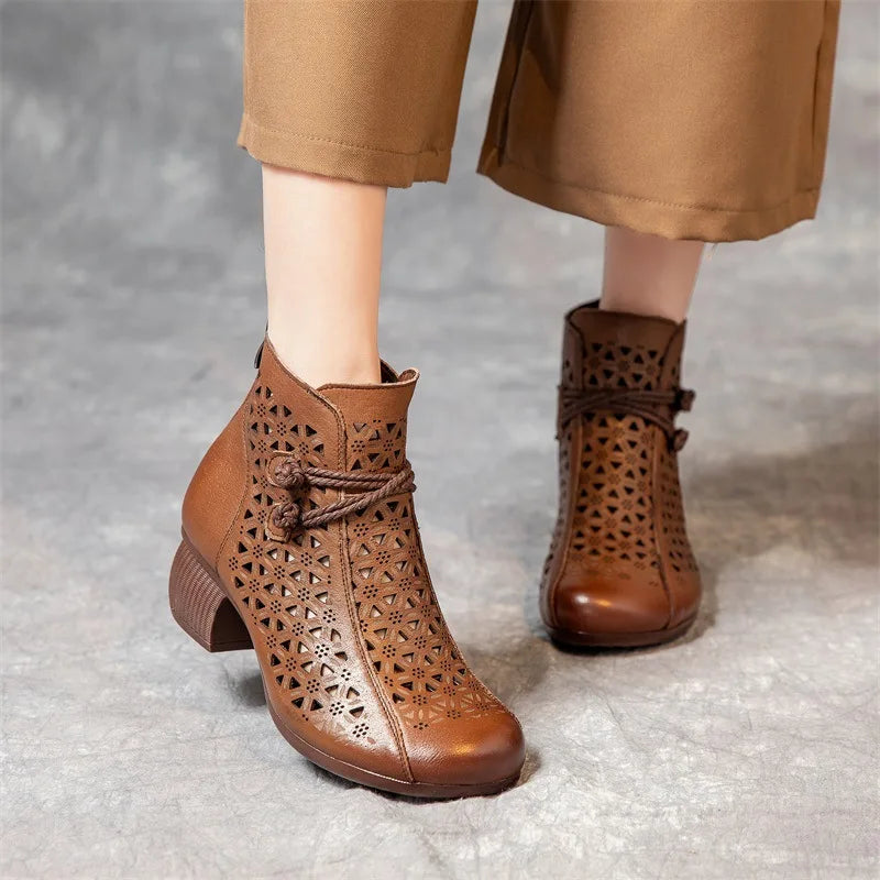 Bopho 5cm Thick Heel Ankle Boots Handmade Retro Style Genuine Leather Zipper Back Breathable