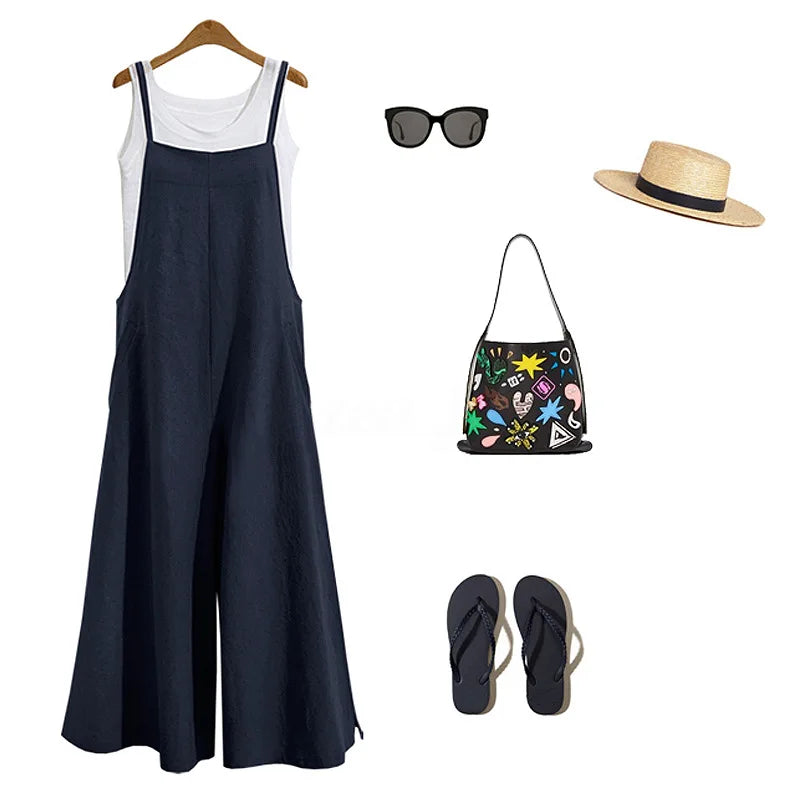 Spaghetti Strapped Jumpsuit to Sizes 5XL. Solid Color, Wide Leg Pants. Bibbed Overalls with Pockets. Casual, Loose, Cotton Linen