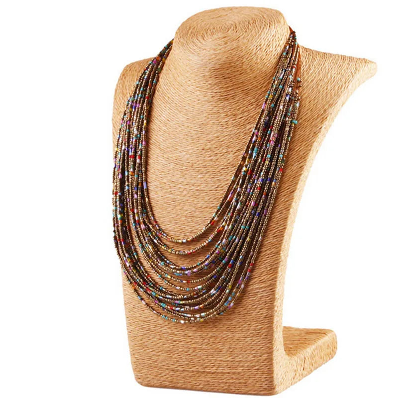 Boho African Acrylic Beaded Necklace Multi-layered