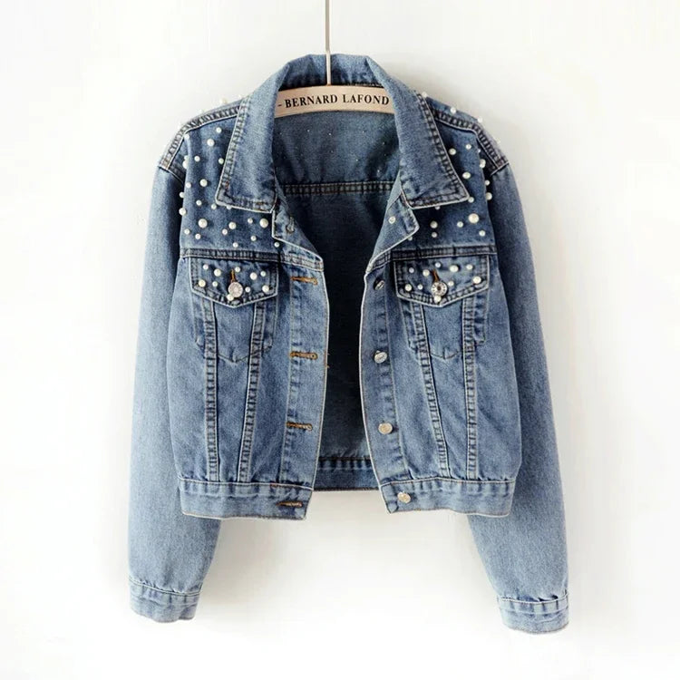 To Sizes 5XL Versatile Pearl Cropped Denim Jacket Loose Fit