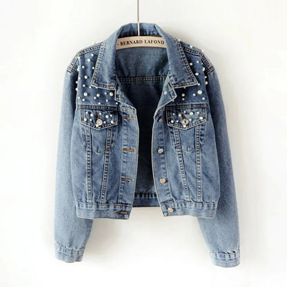 To Sizes 5XL Versatile Pearl Cropped Denim Jacket Loose Fit