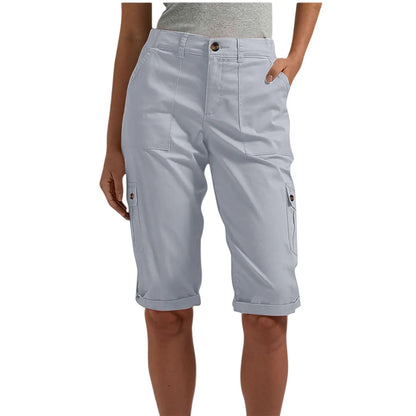 Women's long capri cargo shorts,  Button and Zipper Closure, 6 Colors in Sizes to 2XL