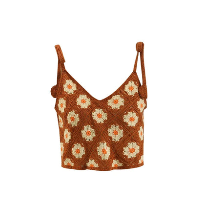 Floral Sleeveless Crochet Top with lace-up shoulder straps
