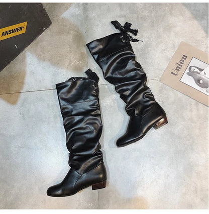 Knee High Boots, in Red, Black, and White, Tall Boots with Low Heel