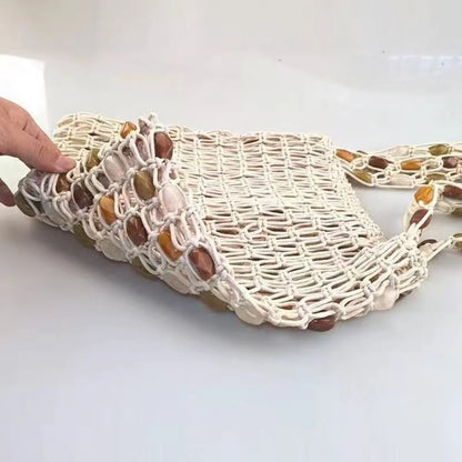 Boho Crochet Shoulder Bag Colorful Beaded  Tote Handbag