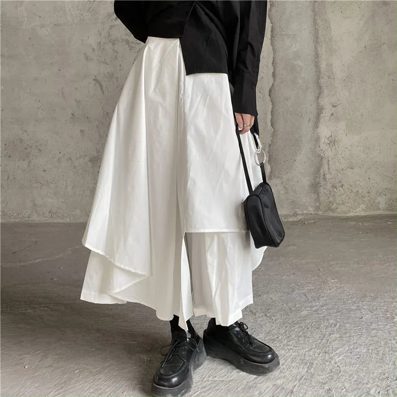Boho Gothic Irregular Hem Coulottes Sizes to 2XL High Waist White or Black Long Skirts in Brown, Black, and White
